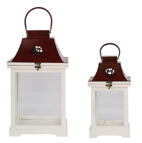 Lantern, Plain White/Brown, Set of Two