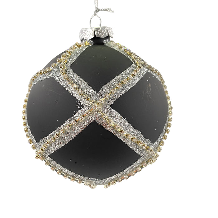 4" Glass Lattice Mix Ball Ornament - Black/Silver