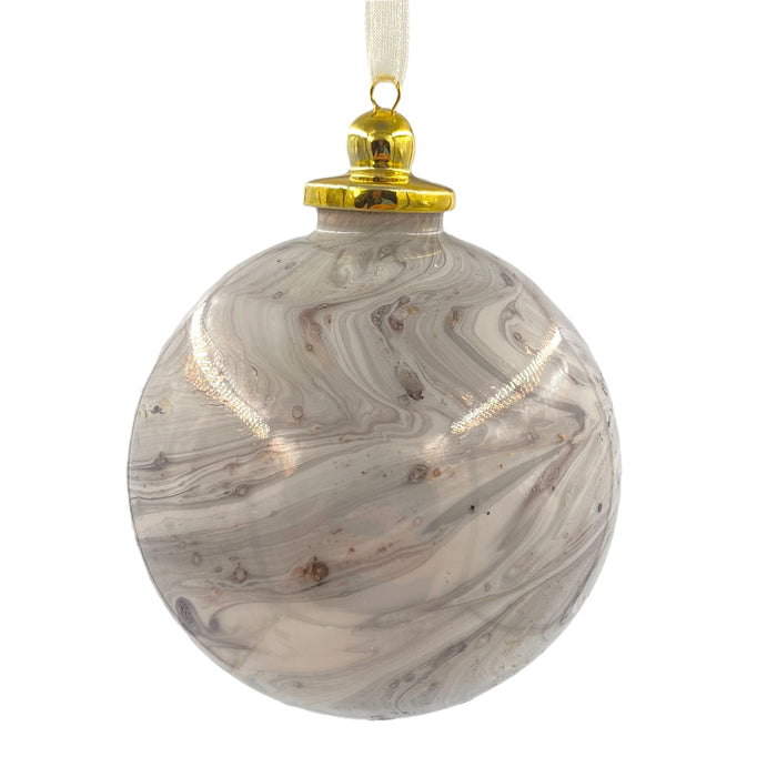 100mm Hand-Blown Bauble Porcelain Gray Marble Ornament w/Cap