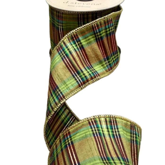 2.5 in Metallic Dupion Plaid Ribbon - Green/Gold