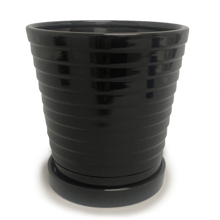 Ribbed Pot w/Hole & Saucer - Black
