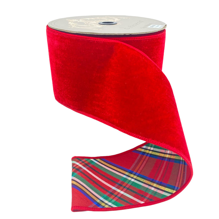 4" Velvet Nutcracker Ribbon w/Plaid Backing - Red