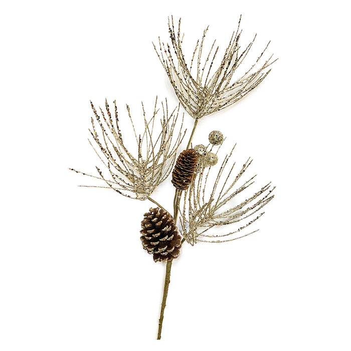 32" Glittered Pine/Lacquered Pinecone/Berry Spray - Platinum
