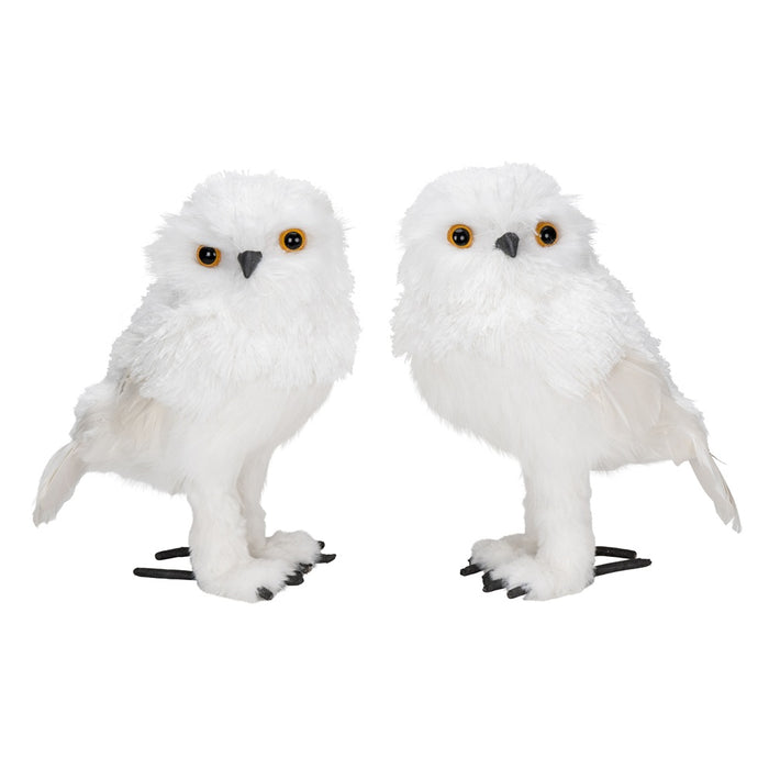 9 3/4 in Fabric/Styro Owl w/Glitter, Assortment of 2 Facing Left & Right - White