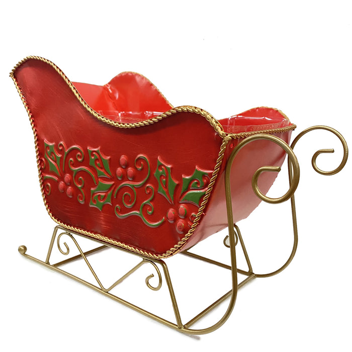 11" Metal Sleigh w/Holly Design - Red