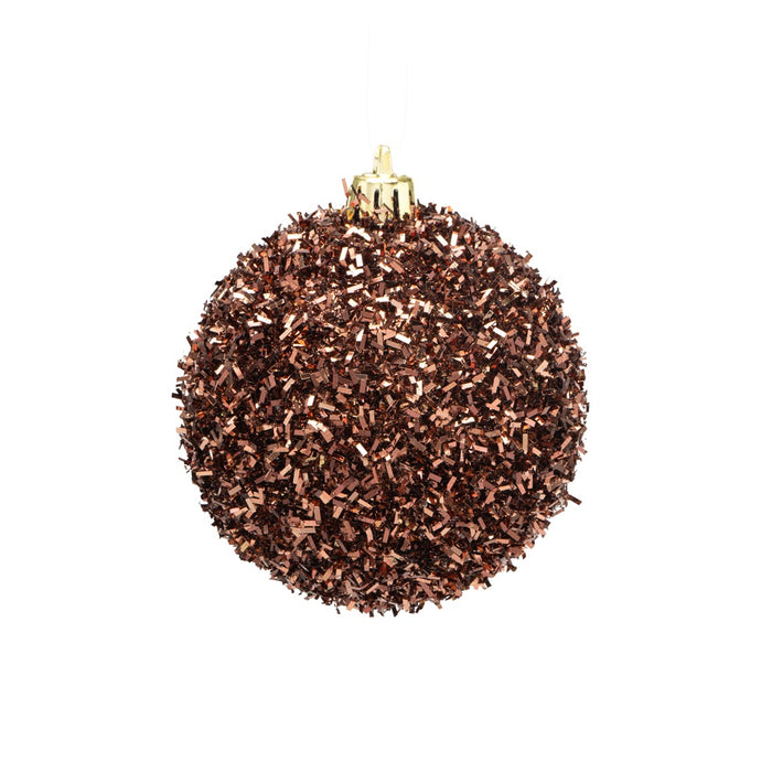 80 Mm Plastic Tinsel Ball Ornament w/Hanger - Brown