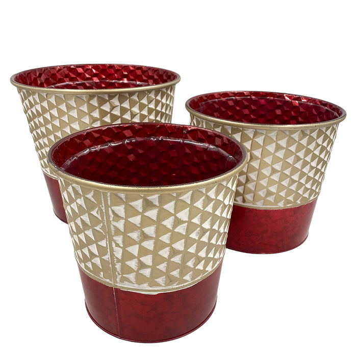 Set of 3 Metal Pots - Red/White/Gold