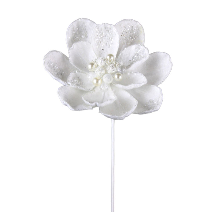 18 in Velvet Glitter Magnolia Stem - White