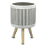 Cement Vertical Rib White Wash Round Pot w/Wood Legs