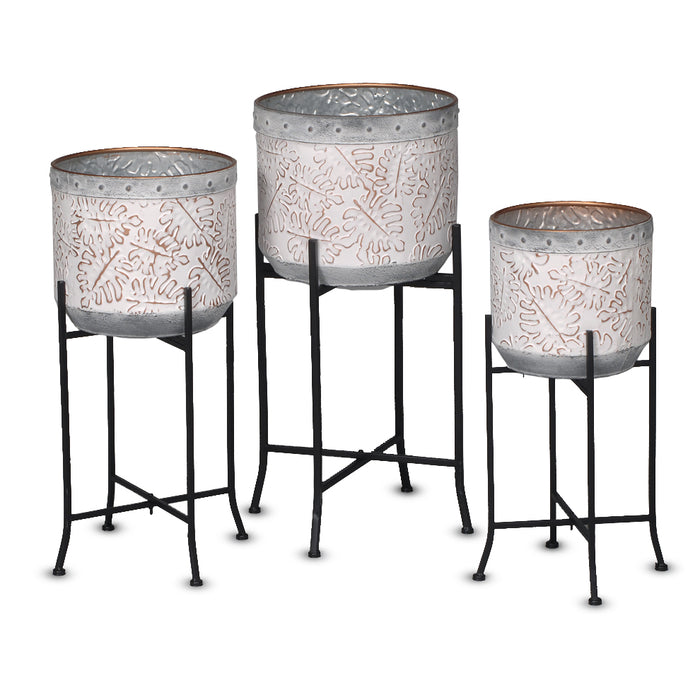 Set/3 Metal Embossed Oak Leaves Drum Planter w/Stand