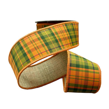 2.5 in Dupion/Burlap Autumn Plaid Ribbon - Orange/Green
