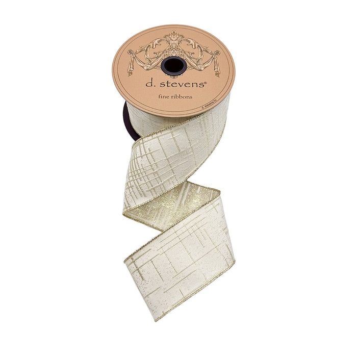 2.5 in Jacquard Soft Gold Modern Lines Ribbon - Ivory