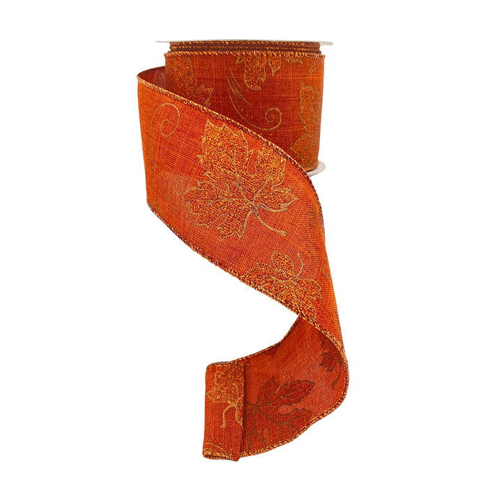 2 1/2" Linen w/Glittered Maple Leaves Ribbon - Orange