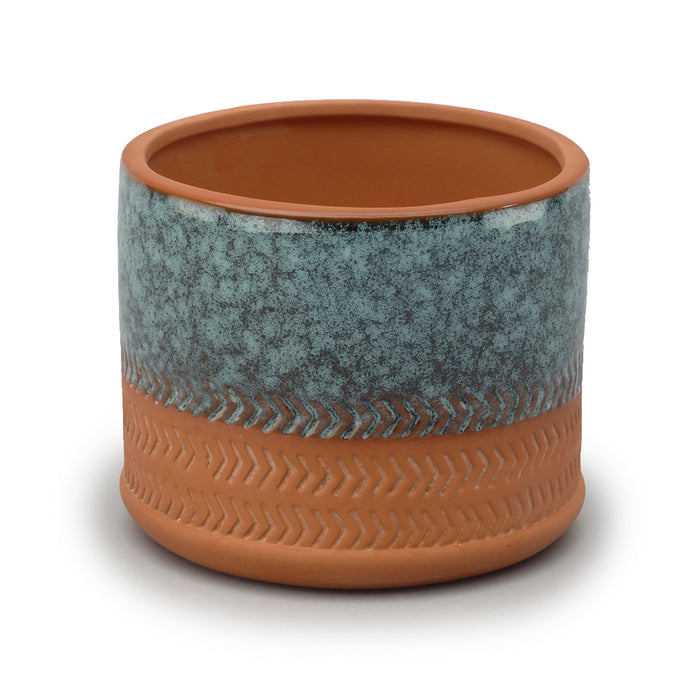 Pot w/Top Band Glaze & Chevron Etch On Bottom - Blue/Terracotta