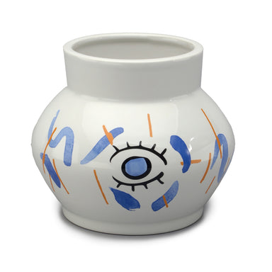 Squat Flower Vase w/'Eye' Design - White/Blue
