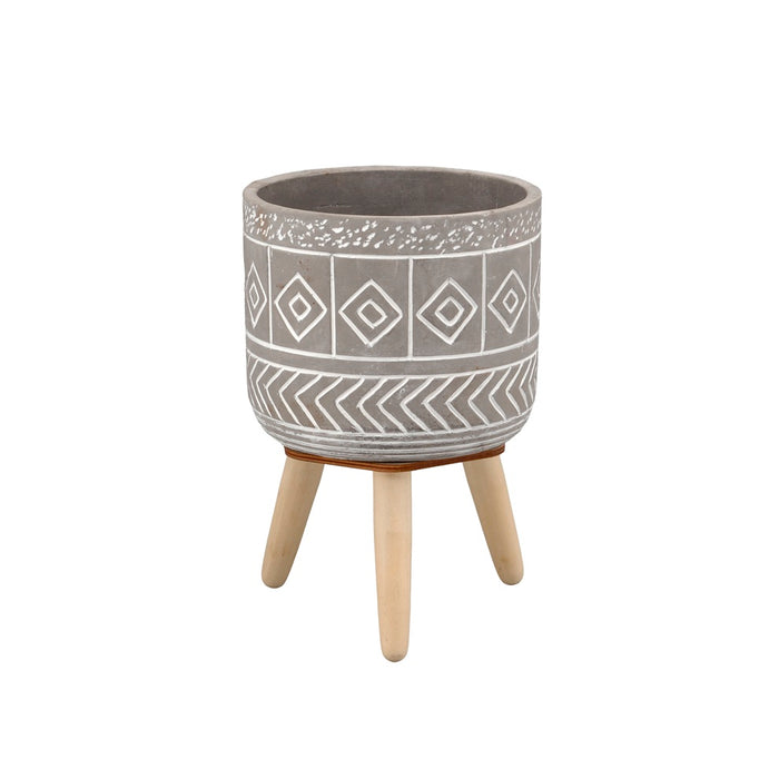 7 5/8" Cement  Pot w/3 Wood Legs w/Art Design - White