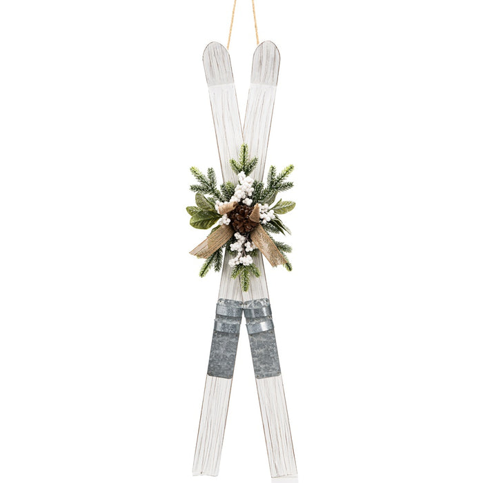 39 in Wood/Metal Skiis w/Deco Trim & Hanger - White/Green