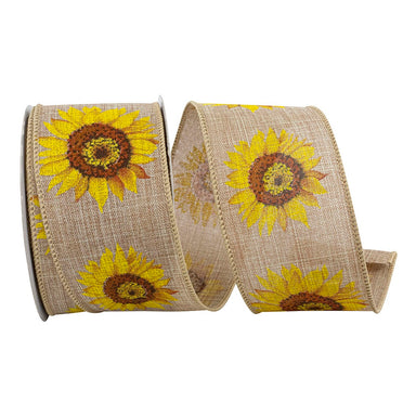 2 1/2 in Sunflower Linen Wired Edge Ribbon - Natural