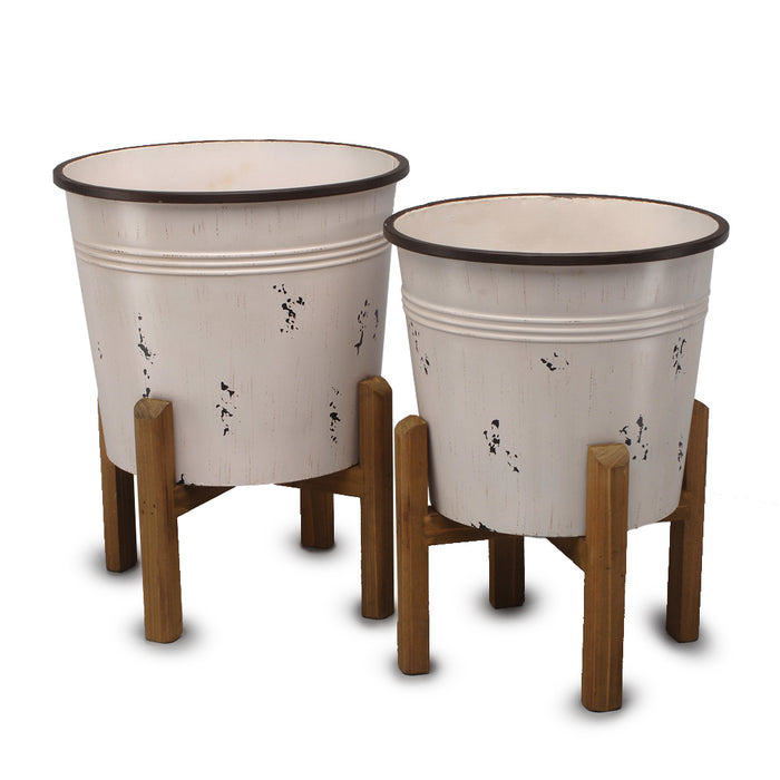 Metal Round Planter w/Wood 4 Leg Stand - Large
