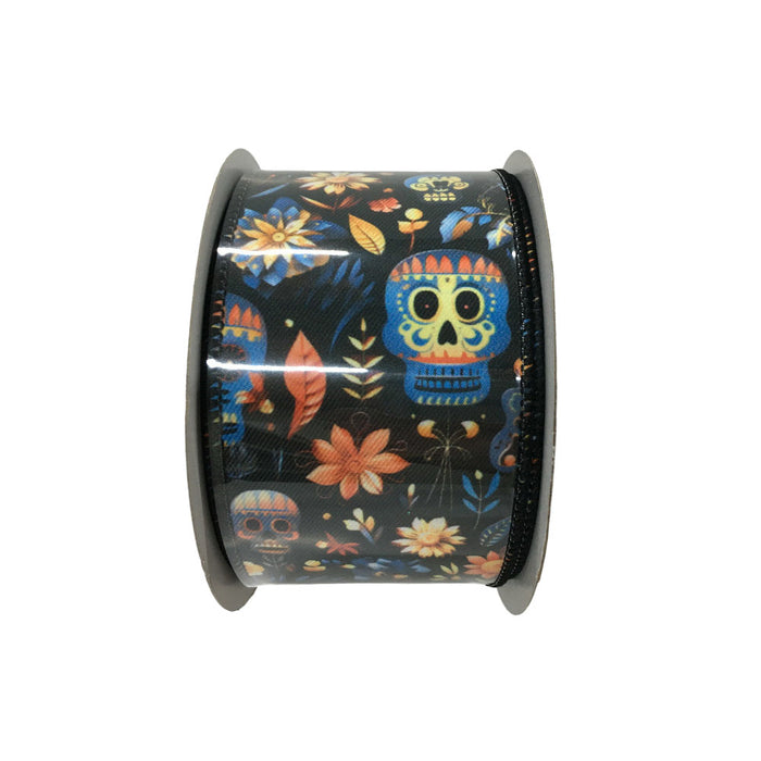 2.5 in Day of the Dead Ribbon - Blue/Yellow/Orange