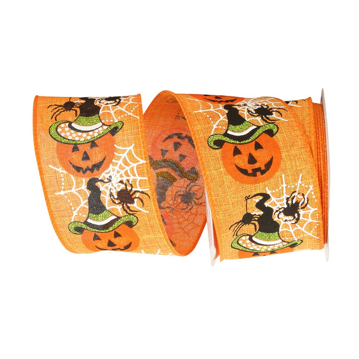2 1/2 in Jack-O-Lantern Web Linen Wired Edge Ribbon - Orange