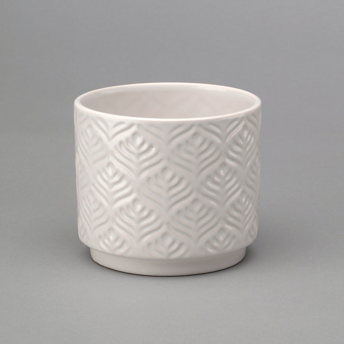 4" Round Pot w/Leaves Relief - White