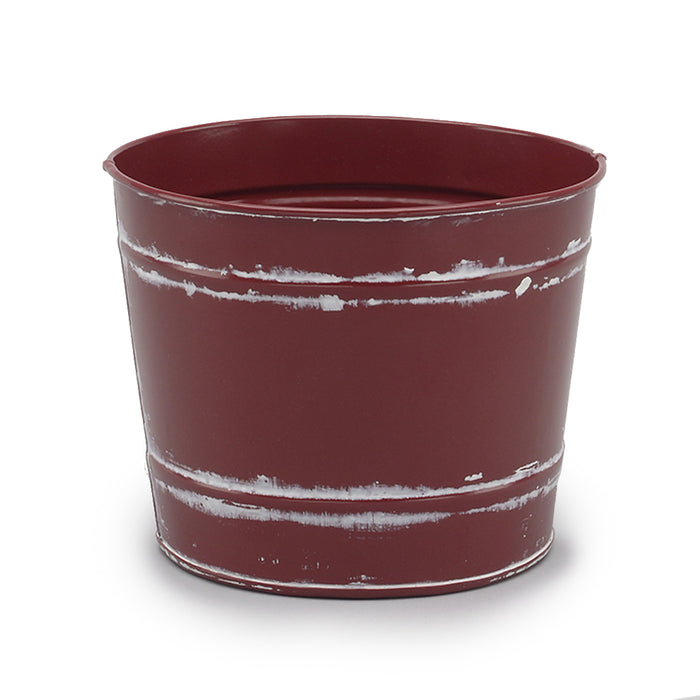 Tin Round Pot - Burgundy W/White Wash
