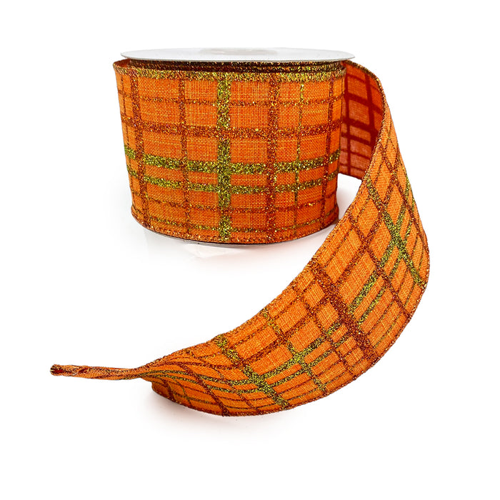 2 1/2" Linen w/Glitter Lattice Plaid Ribbon - Orange & Gold