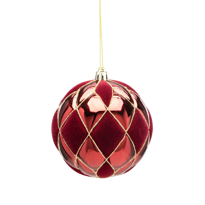 100 Mm Plastic Flocked Harlequin Ball Ornament - Red/Burgundy