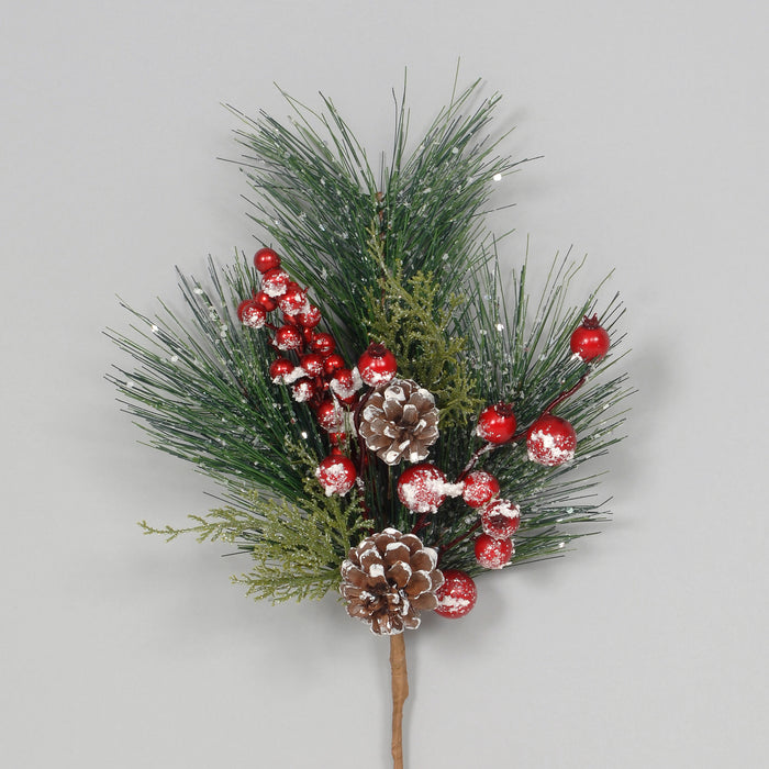 13" Snow/Glitter Pine Styrofoam Berry/Cone Pick