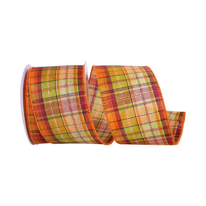 2 1/2 in Field Plaid Stitch Value Wired Edge Ribbon - Orange/Green