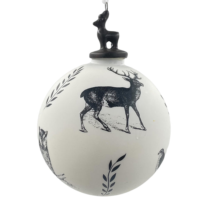 100mm Hand-Blown Bauble Ornament w/Deer & Hawk - White