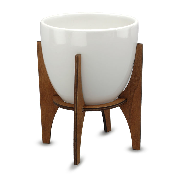 Round Pot w/Wooden Stand - White/Dark Brown