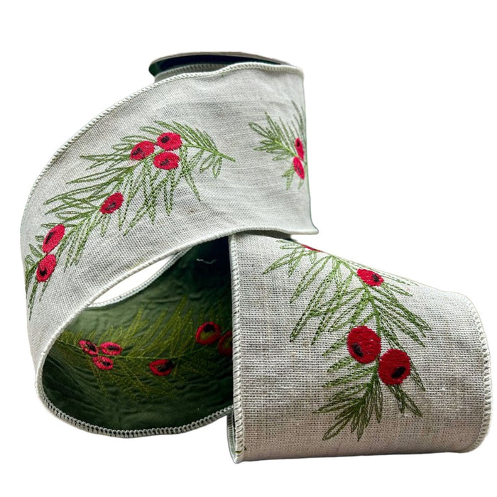 4 in Cotton Embroidery Berry Greenery Ribbon - Cream