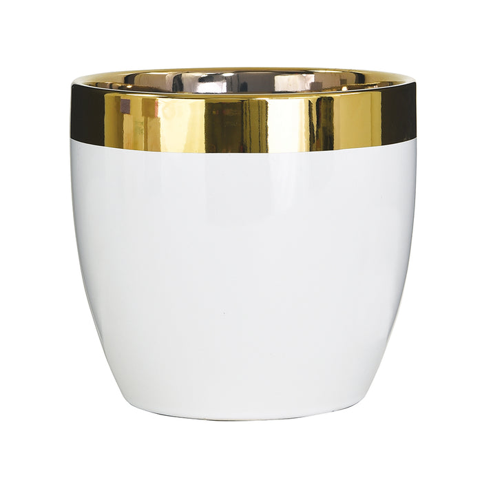 6" Round Ceramic Pot - White w/Gold Band