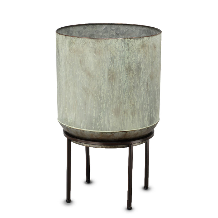 Metal Barrel Planter On Stand - Antique Green