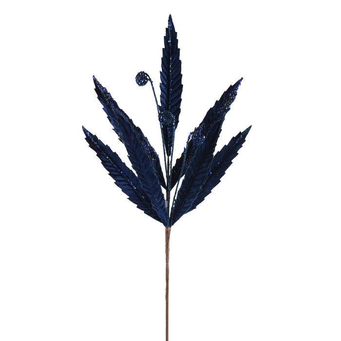 24" Velvet Glitter Leaf Spray - Navy Blue