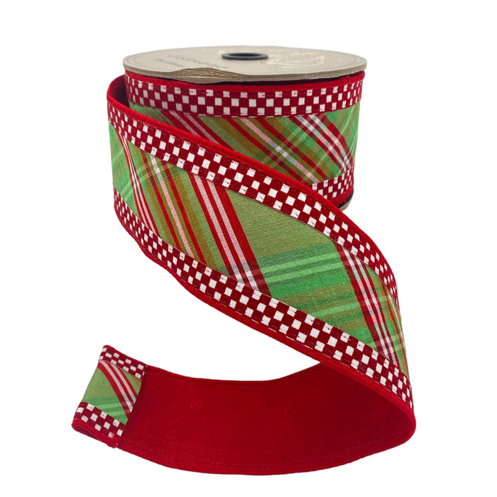 2.5" Dupion North Pole Plaid Check Edge - Red/Green