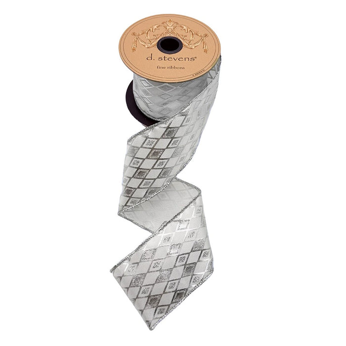 2.5 in Satin Glitter Silver Harlequin Ribbon - White