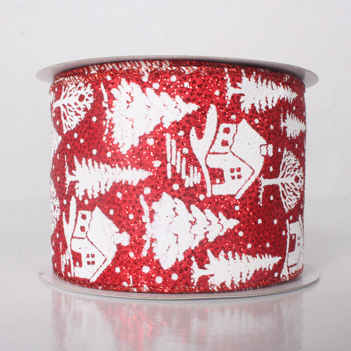 Glitter House & Tree Ribbon - White/Red