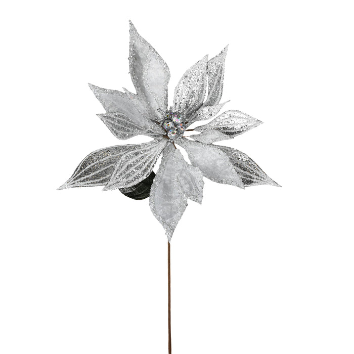 Bead Glitter Velvet Poinsettia Stem - Silver/White
