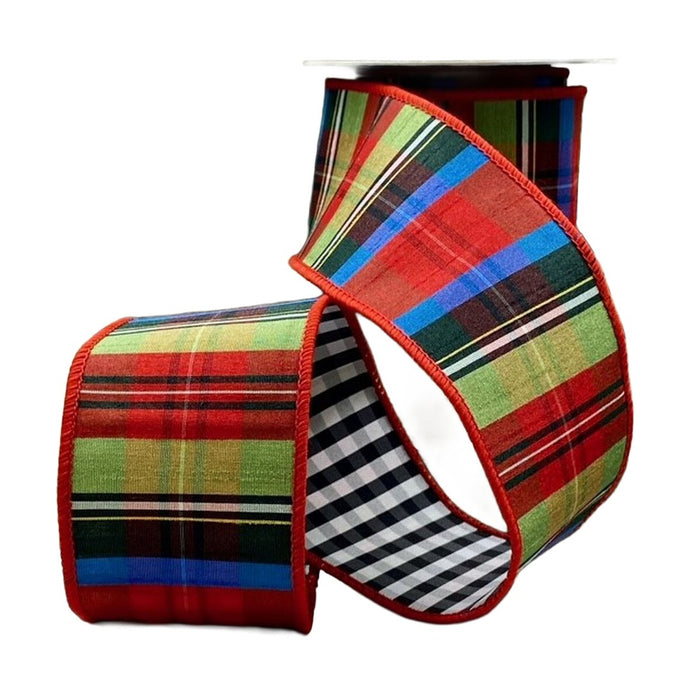 2.5 in Taffeta Nutcracker Ribbon w/Plaid Check Back - Royal Blue/Red/Green
