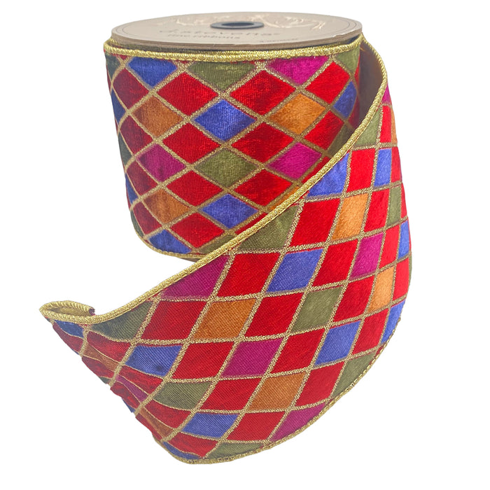 4" Velvet Glitter Harlequin Ribbon - Red, Blue, & Green