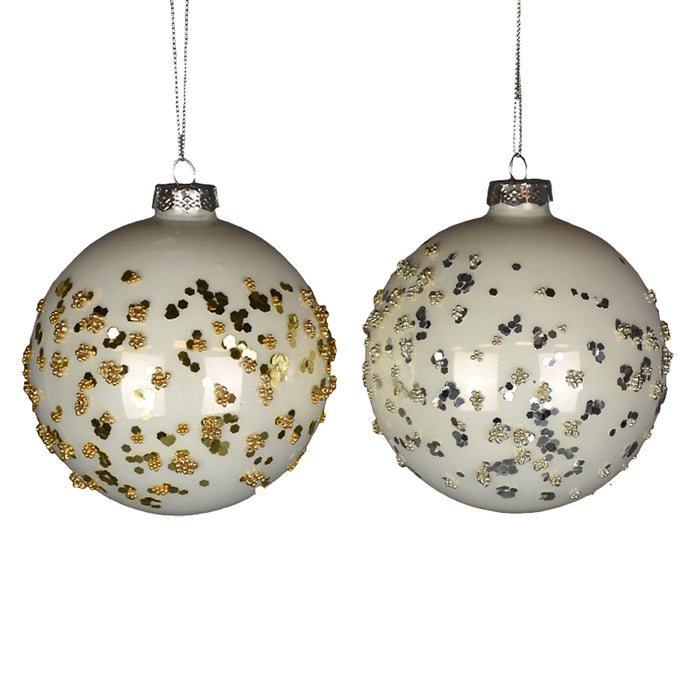 Glass Glitter Ball Ornament - White/Gold/Silver