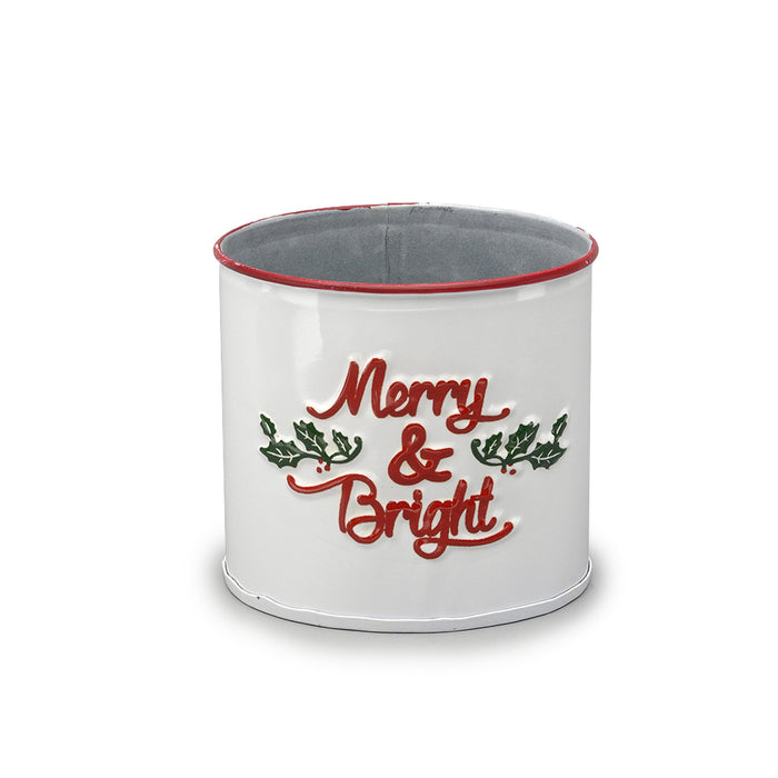Metal Cylinder Pot W/'Merry & Bright'