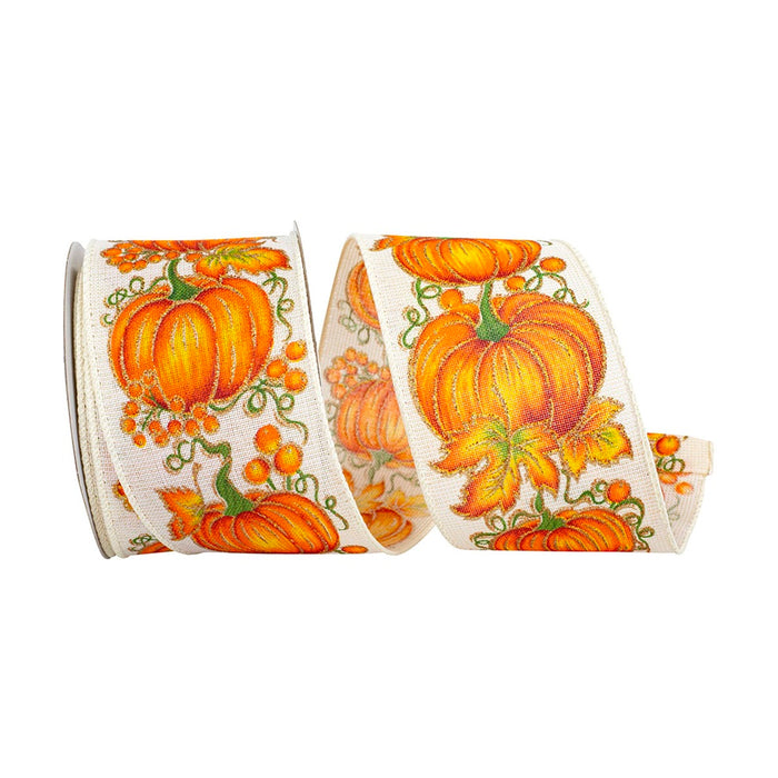 2 1/2 in Pumpkin Row Linen Wired Edge Ribbon - White