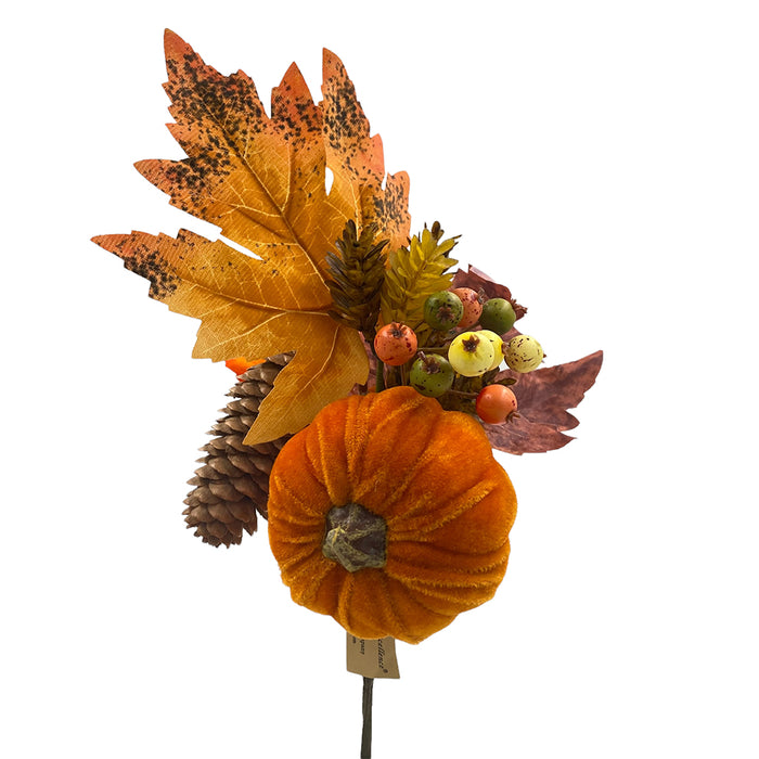 15" Velvet Pumpkin/Leaves/Berry Pick - Orange Mix
