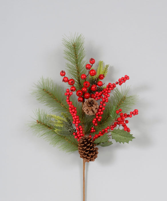 Pine/Berry/Pinecone/Holly Leaves Spray - Red/Green