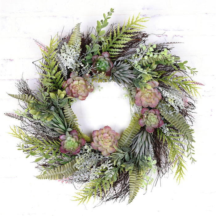 24" Mixed Succulent Fern Wreath - Two Toned Green/Burgundy