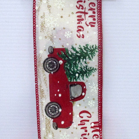 Linen Truck w/Tree Ribbon - Ivory/Red/Green
